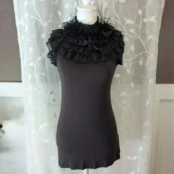 Twelve by Twelve Black Sleeveless Mock Turtle Neck with Ruffles and Feathers, S - Picture 1 of 8